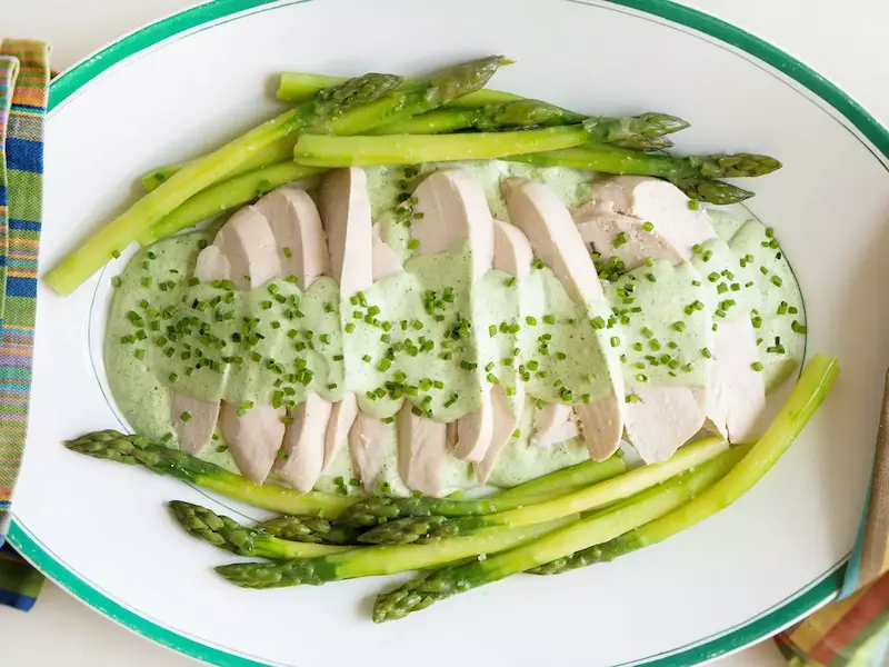 Poached Chicken Asparagus With Green Goddess Sauce