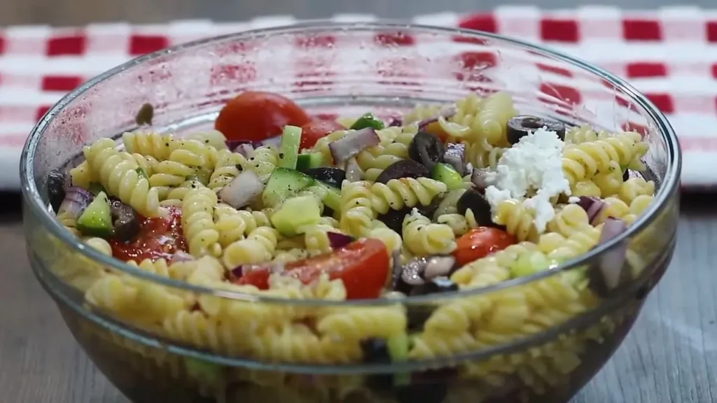 Greek Pasta Salad - ingredients ni a bowl