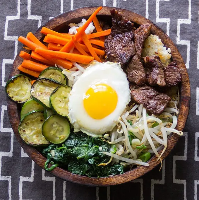 Korean Bibimbap with Marinated Beef and Vegetables