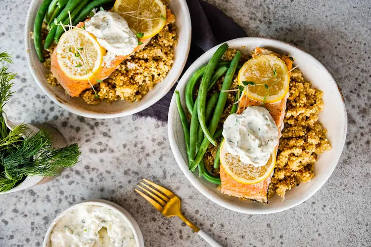 Baked Salmon with Lemon and Dill, served with Quinoa
