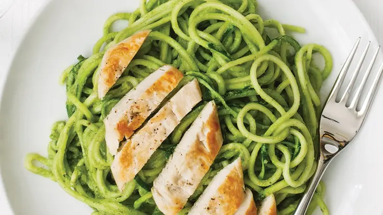 Zucchini Noodles (Zoodles) with Pesto and Grilled Chicken